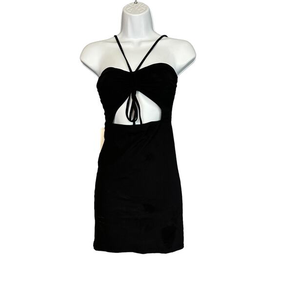 Maaji Black Cut Out Mini Dress MEDIUM Bodycon Ruched Vacation Halter Club NEW - Picture 4 of 8